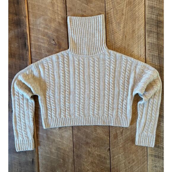 JONDIE Cable Knit Turtleneck Cropped Sweater | Beige | Women’s Small | Boxy Fit - Picture 7 of 9